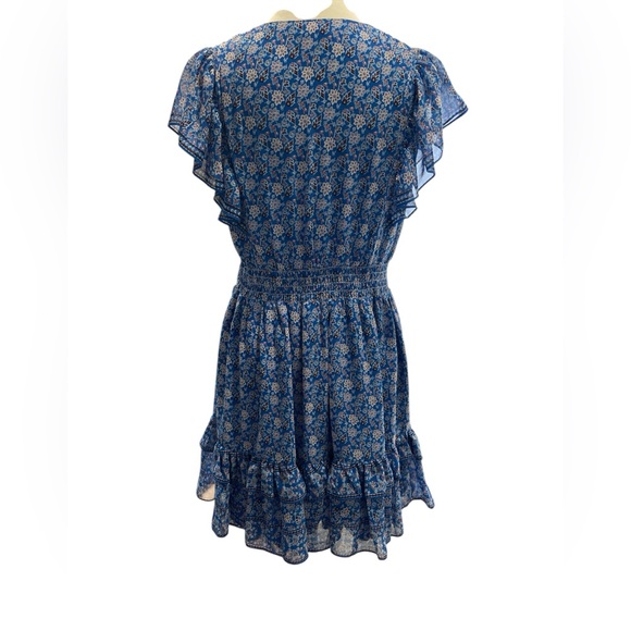 Max Studio V-Neck Flutter Sleeve Short Mini Dress Blue Floral Rosette Small - Picture 2 of 9
